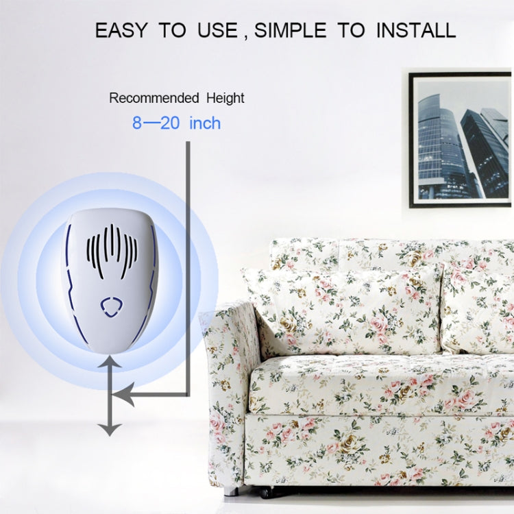 White ultrasonic repellent plug-in unit shown with blue light halo
