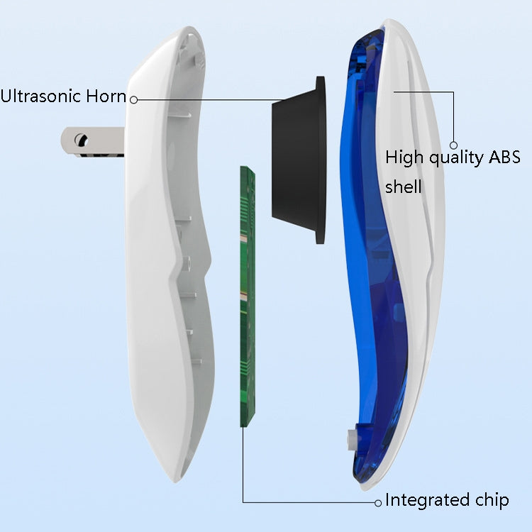 White ultrasonic electronic mosquito repellent device with blue accents and horn detail