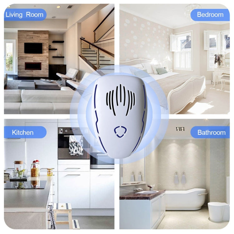 White ultrasonic mosquito repellent device with blue LED ring and multi-room usage graphic