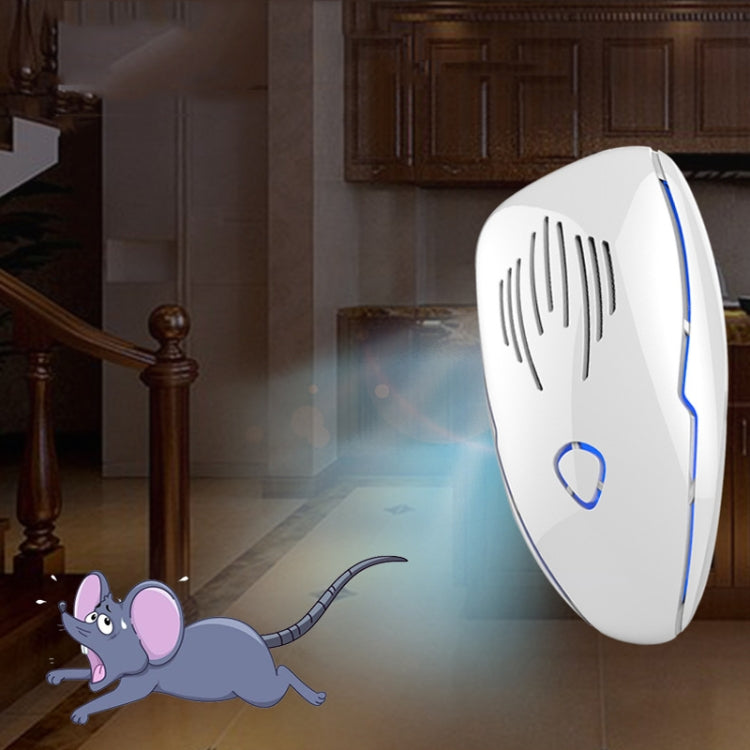 White ultrasonic mosquito repellent device with blue LED ring and mouse deterrent graphic
