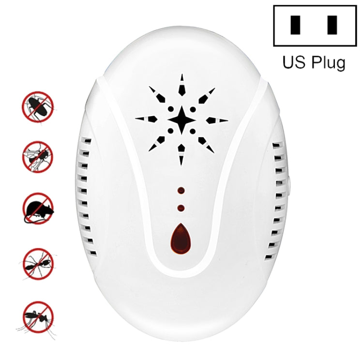 White ultrasonic mosquito repellent plug-in device, US plug, star icon and amber indicator