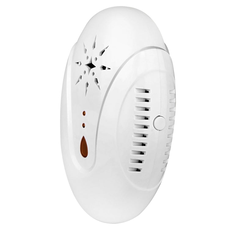 White ultrasonic mosquito repellent device side view with vent slots and amber LED