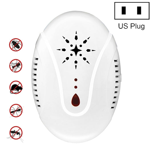 White ultrasonic mosquito repellent plug-in device, US plug, star icon and amber indicator