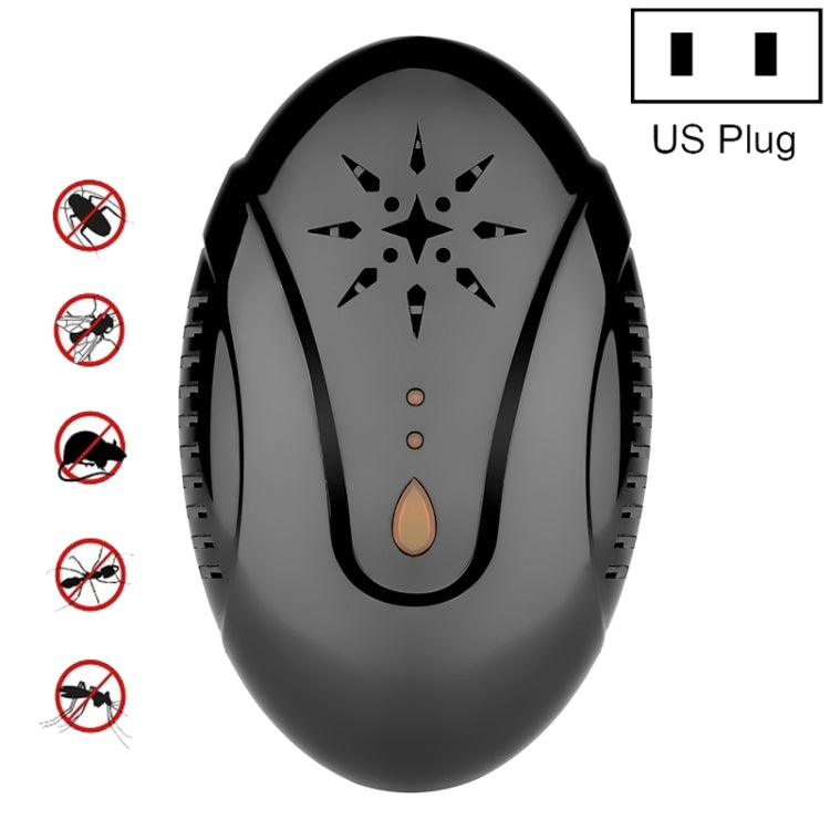 Black ultrasonic mosquito repellent plug-in device, US plug, star icon and orange glow