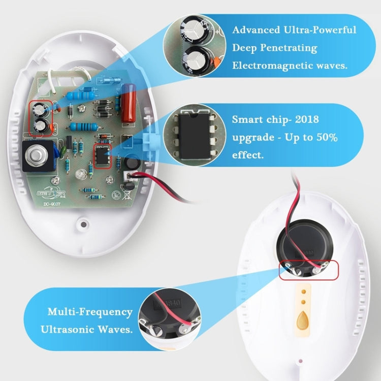 Ultrasonic mosquito repellent device showing internal circuit board and wiring, white housing