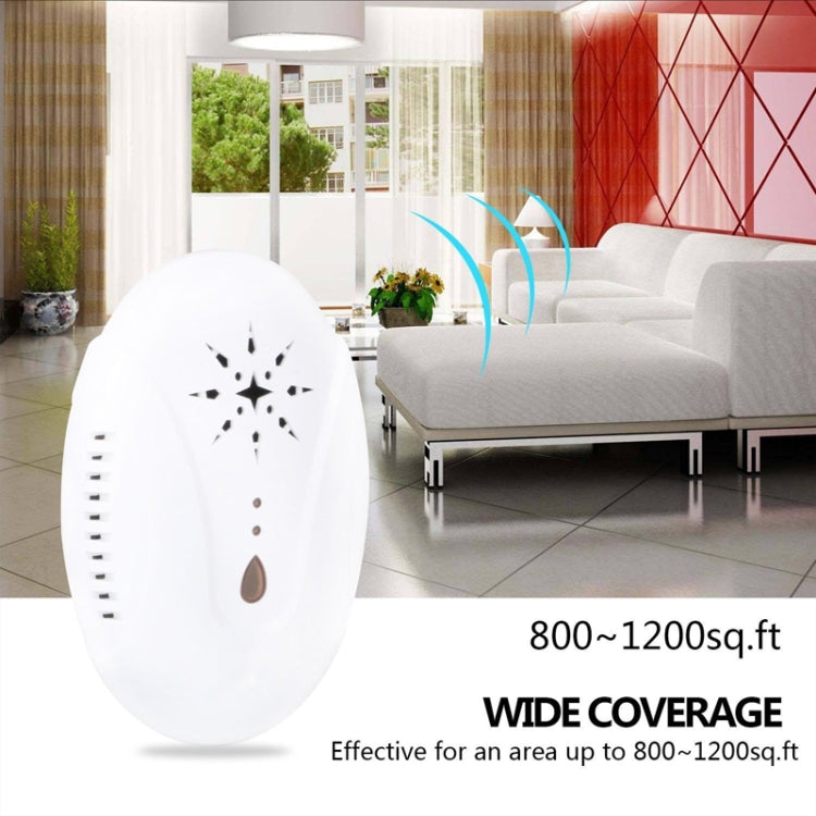 White plug-in ultrasonic mosquito repellent device with LED indicators and vent slots
