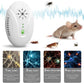 White ultrasonic pest repellent device with green LED indicators, shown with insects