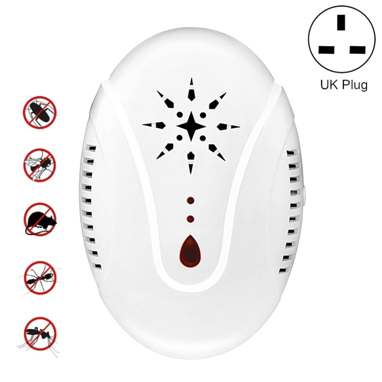 White ultrasonic mosquito repellent plug-in device, UK plug, star icon and amber indicator