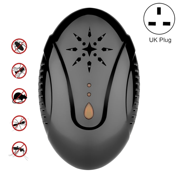 Black ultrasonic mosquito repellent plug-in device, UK plug, star icon and warm glow