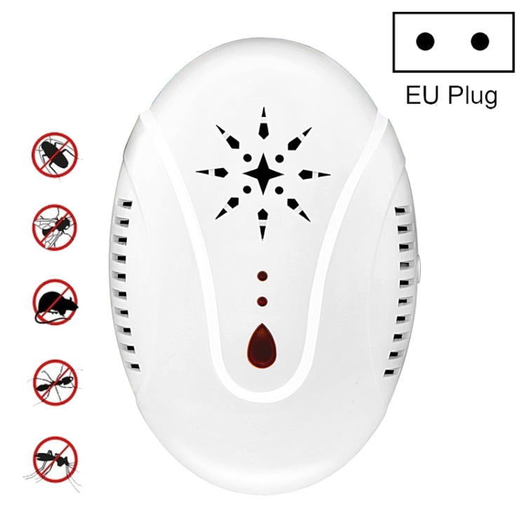 White ultrasonic mosquito repellent plug-in device, EU plug, star icon and amber indicator
