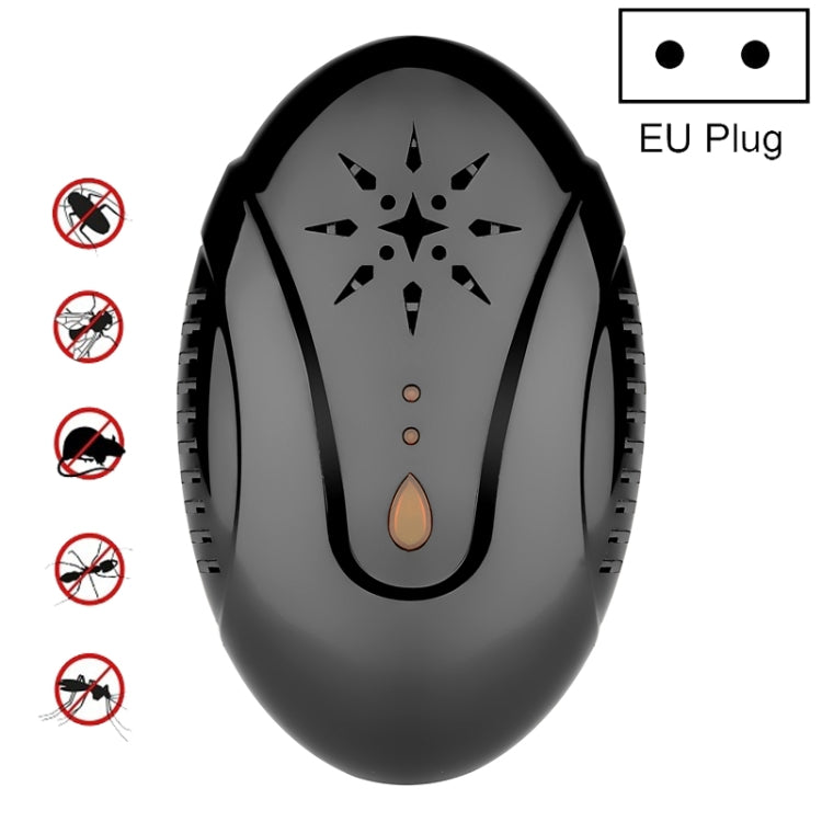 Black ultrasonic mosquito repellent plug-in device, EU plug, star icon and warm glow
