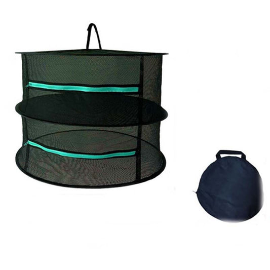 Foldable hanging herbal drying net, black mesh with turquoise bands, zipper closure, 60cm