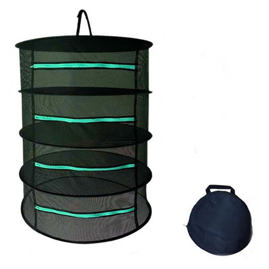 Hanging herbal drying net with black mesh tiers and turquoise bands, foldable with hanging loop