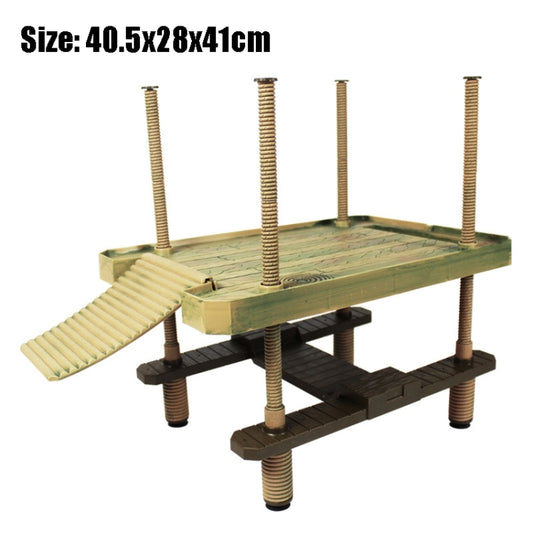 Large floating turtle platform with greenish deck, side ramp, and four tall support posts