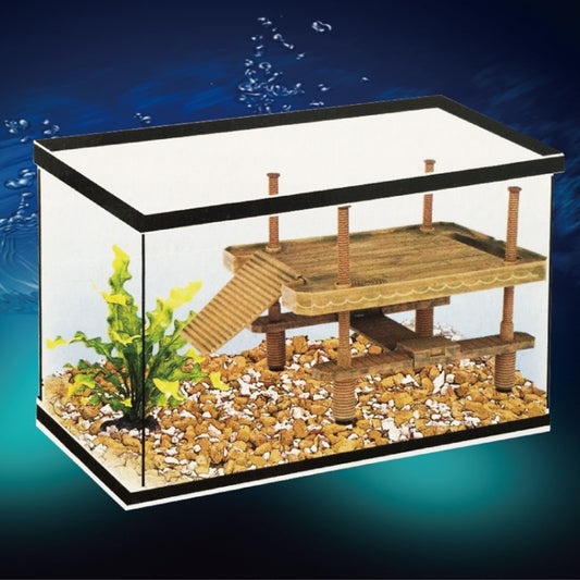 Large turtle sunbathing platform with wooden deck and posts inside a clear tank