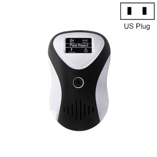 Black and white ultrasonic pest repeller with LCD panel and circular button