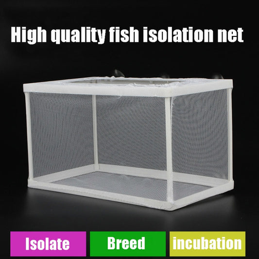 White fish isolation net box with gray mesh walls for breeding or incubation