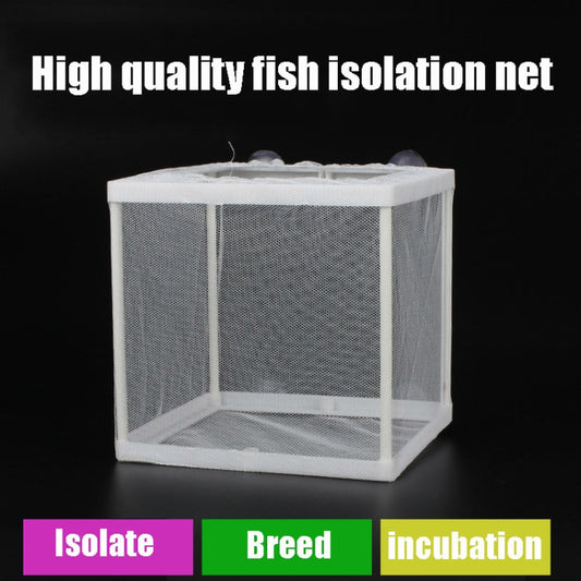 Fish isolation net cube incubator with white frame and fine mesh panels