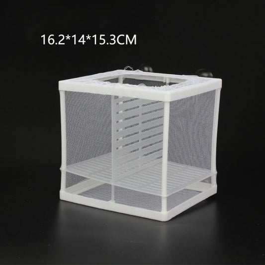 Small white mesh fish incubator with black suction cups, square side view