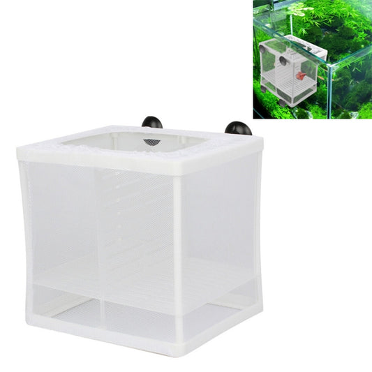 White mesh fish isolation box with black suction cups for aquarium breeding