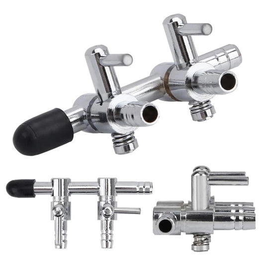 Multi-outlet oxygen air distributor valve with two black rubber-capped outlets