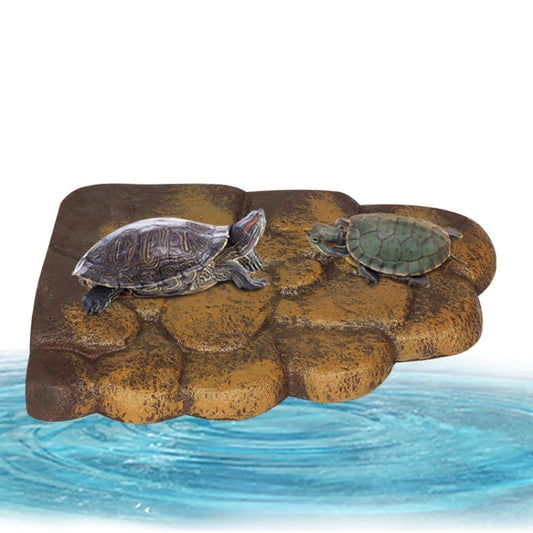 Brown floating turtle basking platform with two turtles resting on textured surface