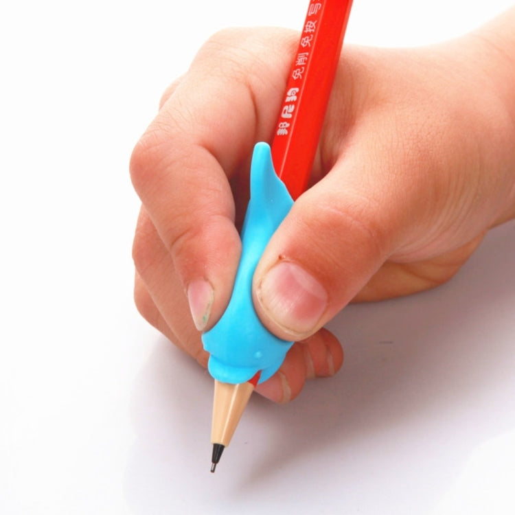 Blue dolphin-shaped posture correction pen with black tip held in hand