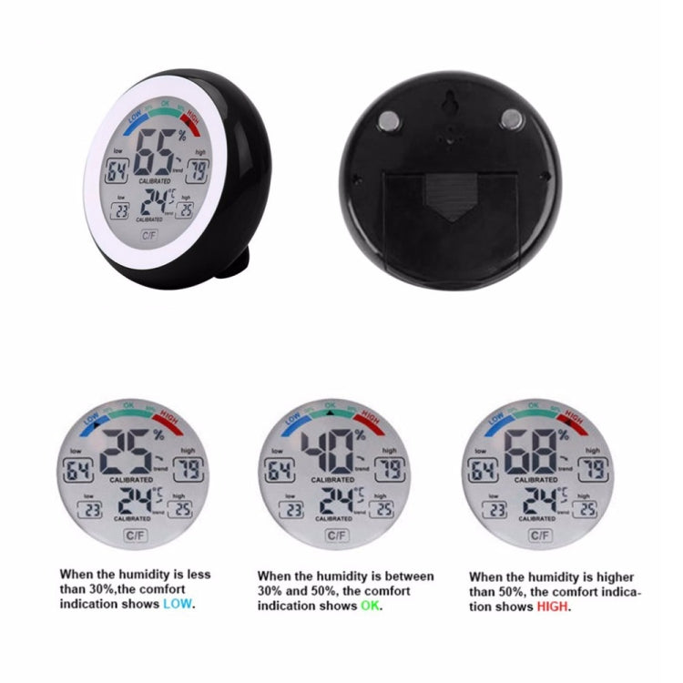 Digital temperature and humidity thermometer hygrometer front and back views with display icons