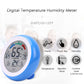 Blue digital temperature and humidity thermometer hygrometer with trend, key touch, and humidity icons