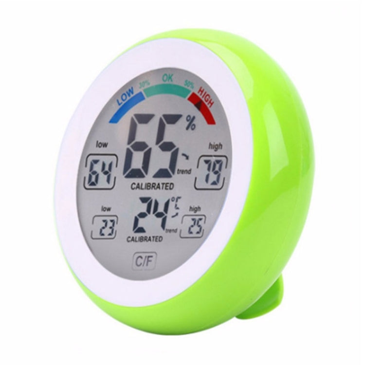 Green digital temperature and humidity thermometer hygrometer with LCD showing humidity and temperature