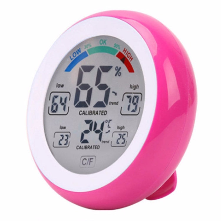 Pink digital temperature and humidity thermometer hygrometer with LCD showing humidity and temperature