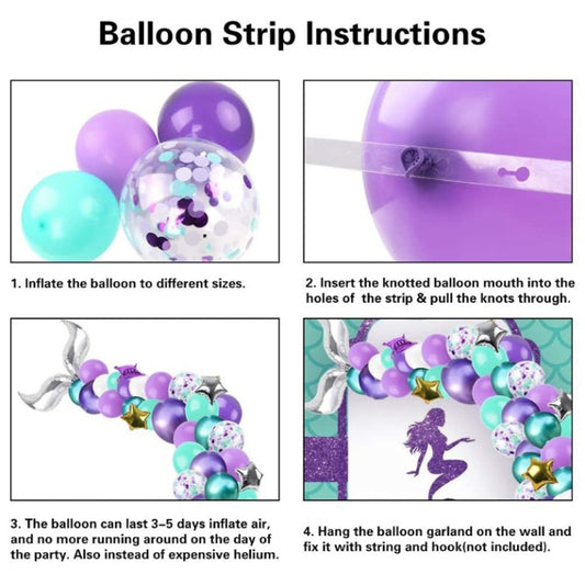 Balloon strip instructions card for assembling purple and confetti balloons into a garland