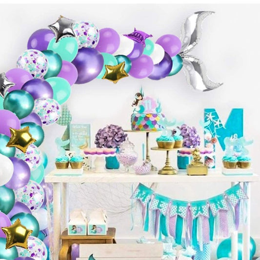 Ocean-themed balloon decoration set with purple, teal, silver balloons and gold star foils