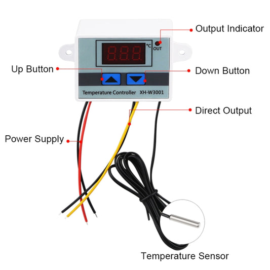 Temperature controller with red LED display, up/down buttons, power supply wires, and sensor