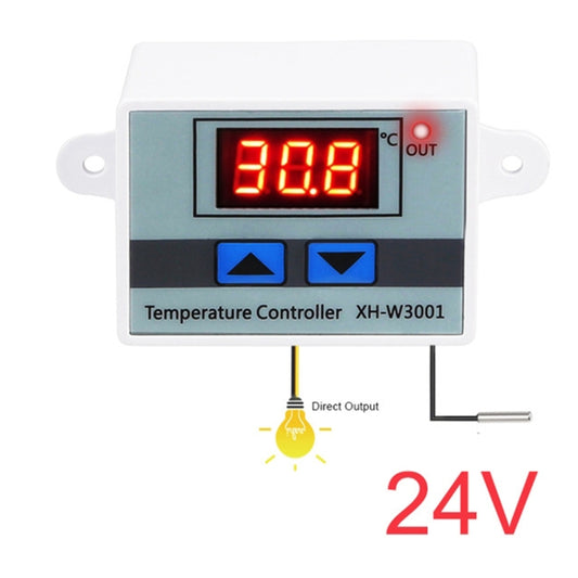 24V temperature controller with red LED display, OUT indicator, and blue up/down buttons