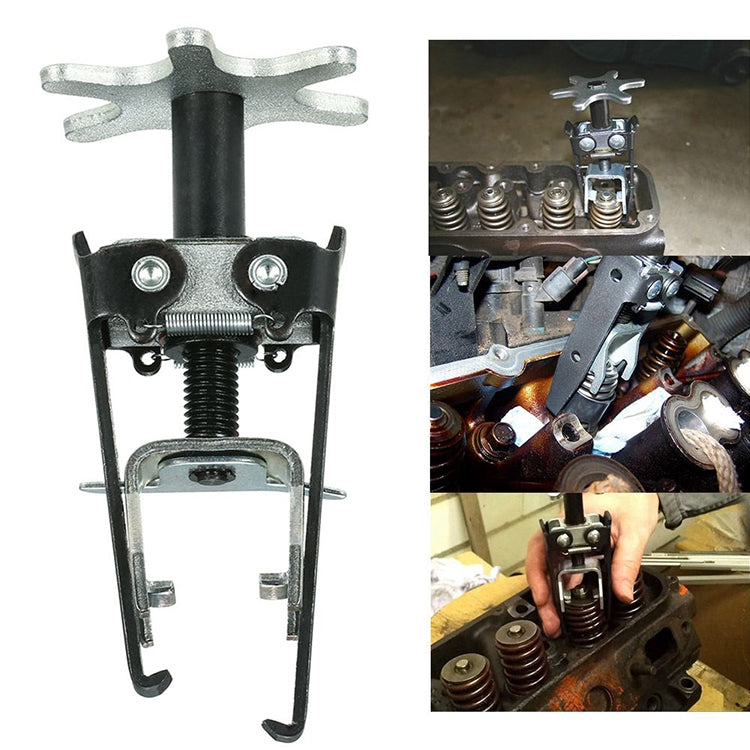Universal overhead valve spring compressor tool with black frame and silver pressure cap