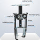 Overhead valve spring compressor with labeled parts: locking handle, long/short foot, screw