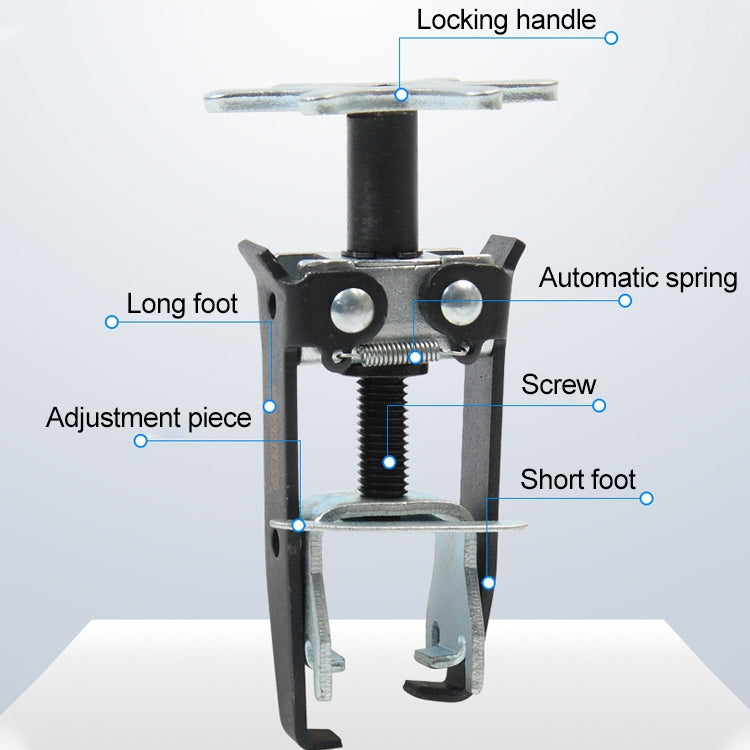 Overhead valve spring compressor with labeled parts: locking handle, long/short foot, screw