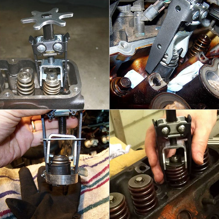 Valve spring compressor in use on an engine cylinder head with threaded spring screw