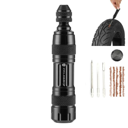 Black bicycle tire repair tool with included puncture repair accessories
