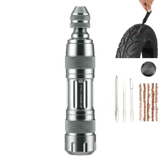 Silver bicycle tire repair tool with textured grip and multi-part handle