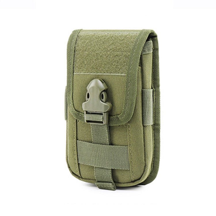 Army green fabric waist phone bag with front flap and adjustable buckle strap