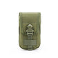 Olive green fabric phone pouch with front flap, metal buckle and side strap loops