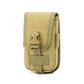 Beige/tan fabric phone pouch with front flap, metal buckle, and side strap tabs