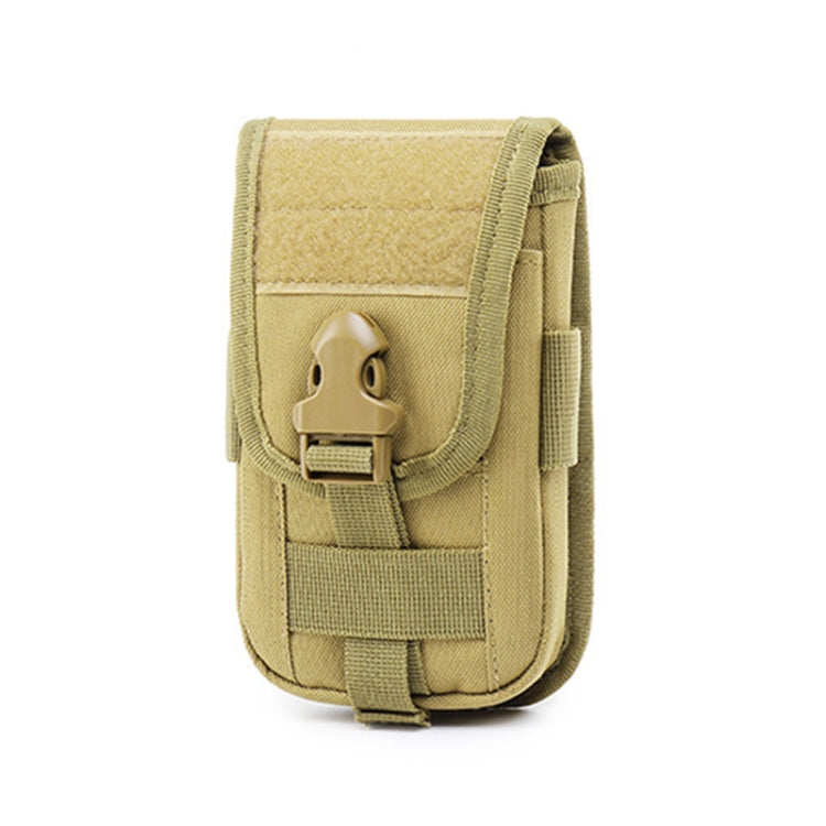 Beige/tan fabric phone pouch with front flap, metal buckle, and side strap tabs