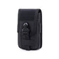 Black fabric waist phone bag with front flap and secured metal buckle closure