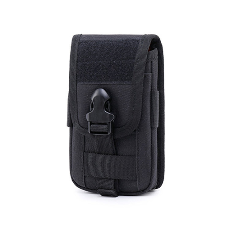 Black fabric waist phone bag with front flap and secured metal buckle closure