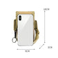 Tan phone waist bag holding a smartphone inside the padded front compartment