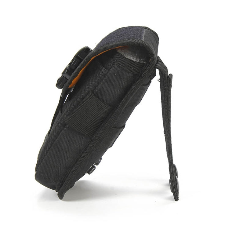 Black fabric phone bag side view with looped strap and padded front panels