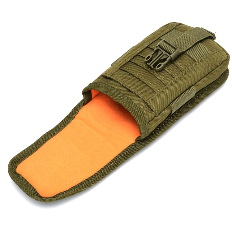 Olive green phone pouch with orange inner panel and front elastic strap organizer